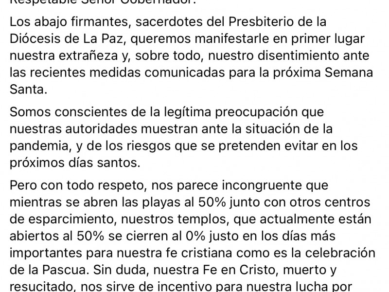 Iglesia católica pide replantear restricciones por Semana Santa