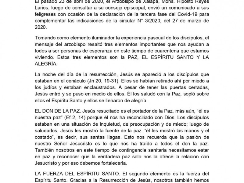 Iglesia pide mantener la fe ante pandemia de coronavirus