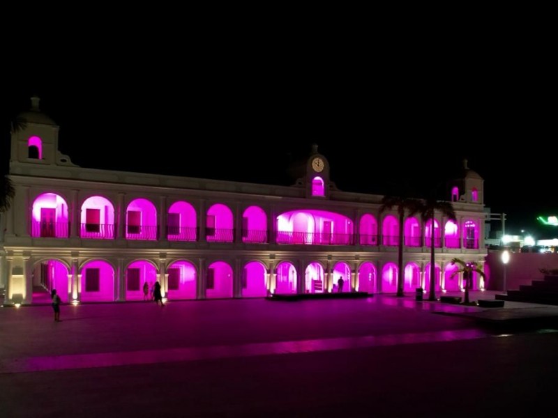 Iluminan el Palacio Municipal de Boca del Río de rosa