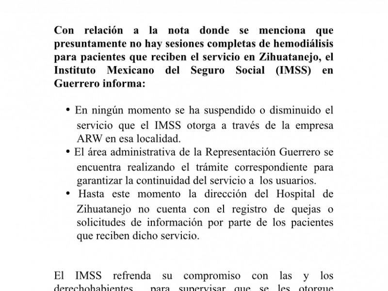 IMSS Guerrero niega suspensión del tratamiento de hemodiálisis en Zihuatanejo