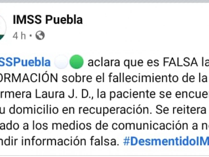 IMSS indica que es falso el fallecimiento de enfermera contagiada