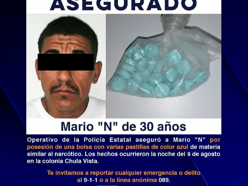 Incauta Policía Estatal pastillas azules de presunta droga