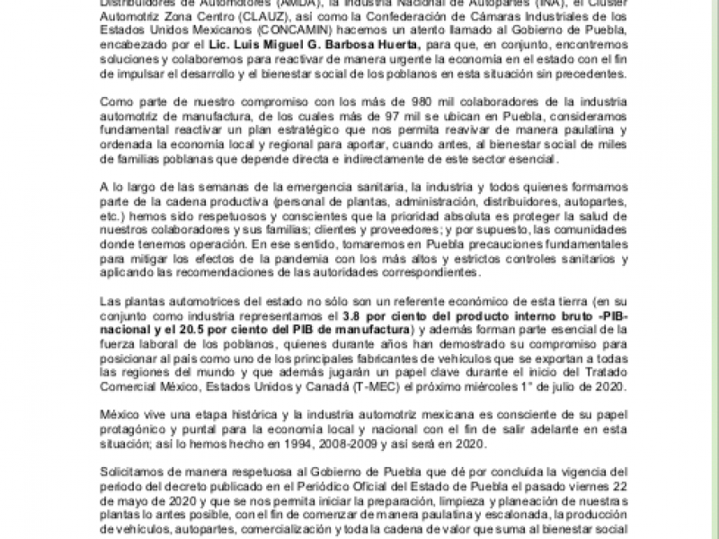 Industria automotriz hace llamado al Gobierno estatal para reapertura