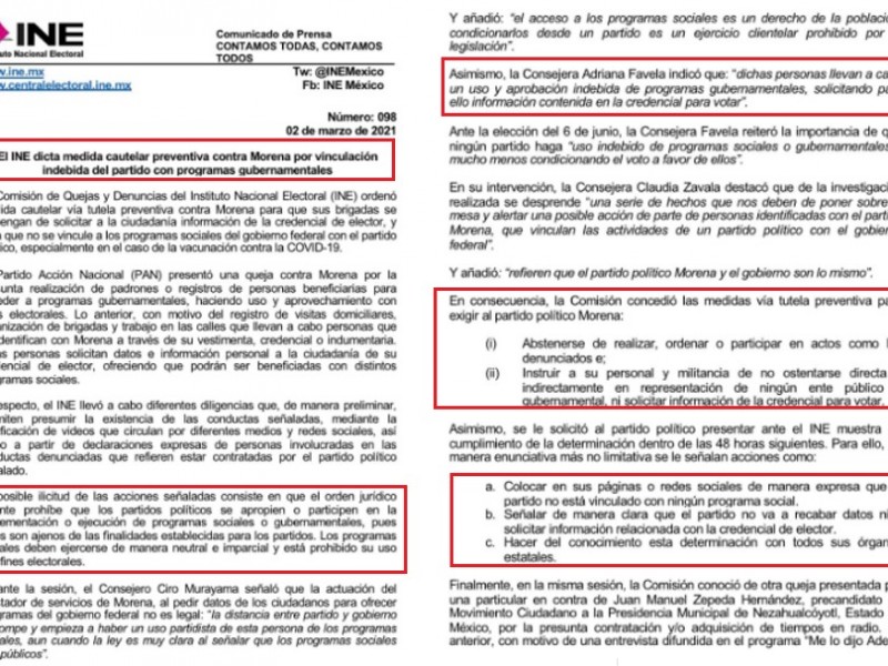 INE dicta medidas contra Morena por vincular con programas gubernamentales