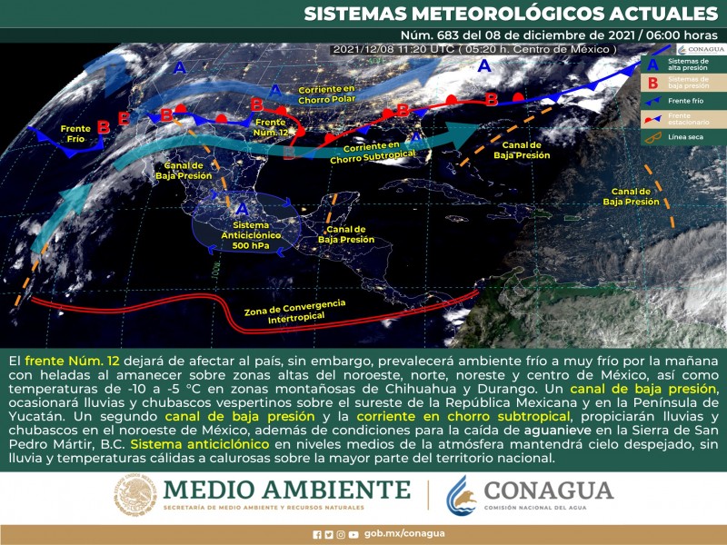 Sale frente frío #12 del norte, prevalecen bajas temperaturas