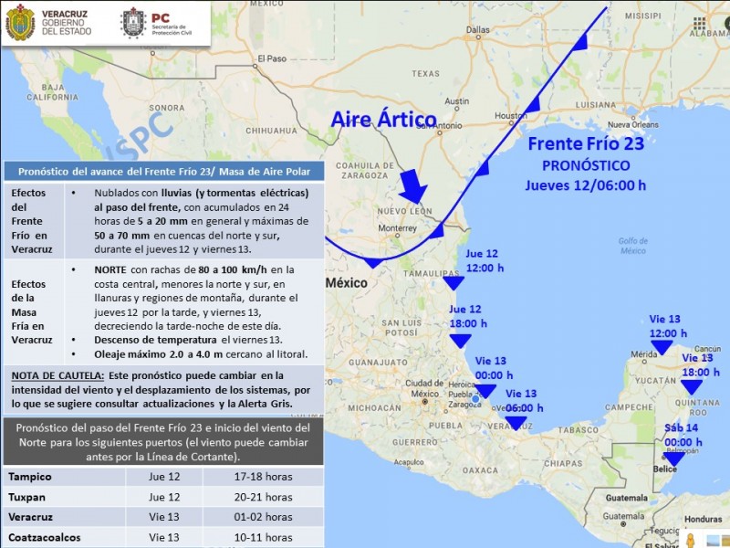 Ingresa Frente Frío 23 a Veracruz