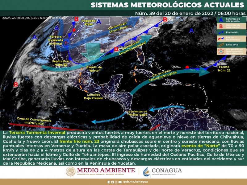 Ingresa frente frío y tercera tormenta invernal por el norte