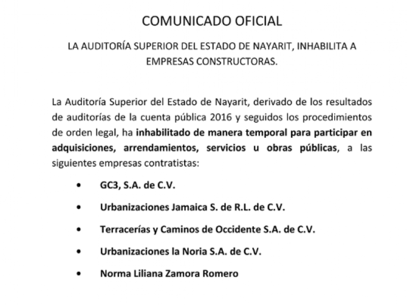 Inhabilita ASEN a cinco empresas contratistas