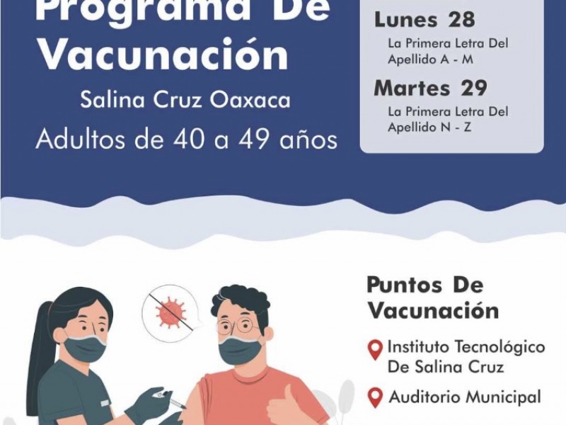 Inicia el lunes vacunación contra COVID-19 en personas de 40-49