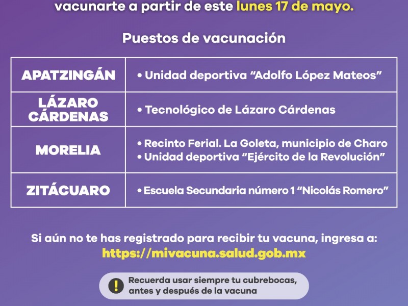 Inicia este lunes vacunación a mayores de 50 en 4municipios