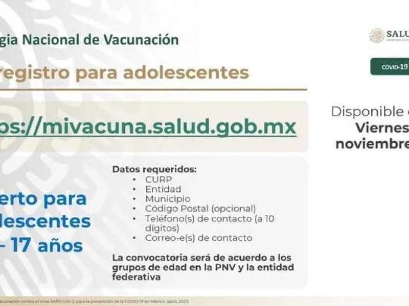 Inicia pre-registro para que adolescentes reciban vacuna contra covid