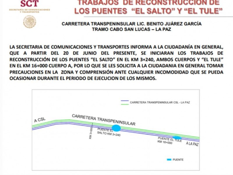 Inicia SCT trabajos en puente del Tule