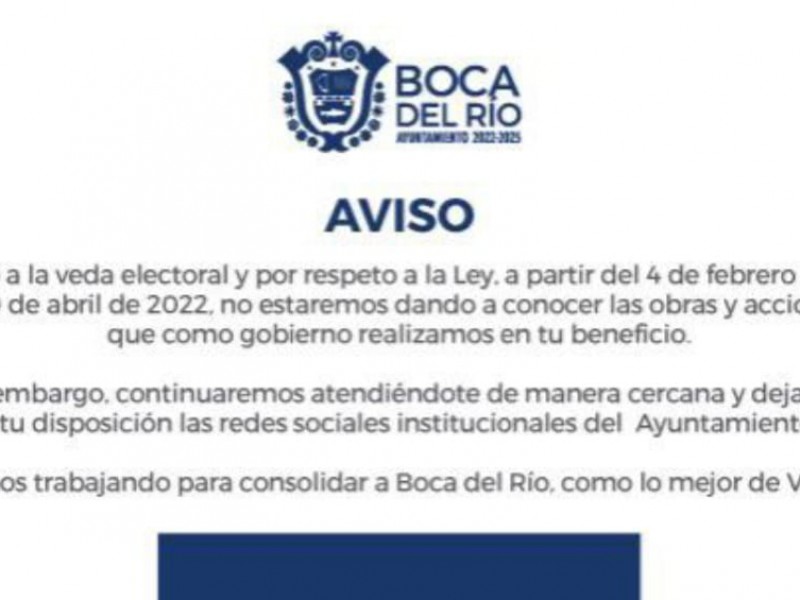 Inicia veda electoral anuncia Ayuntamiento de Boca del Río