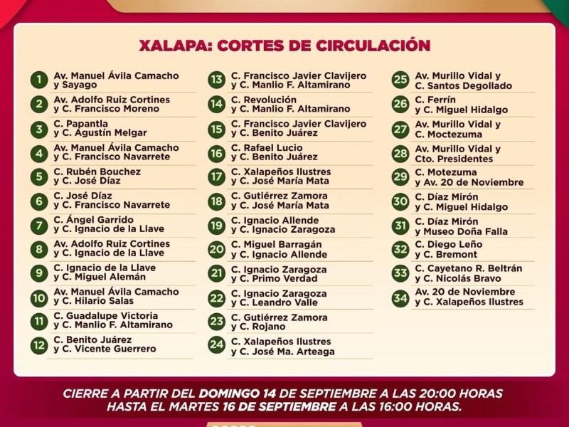 Inician cierres viales para celebración de Independencia, en Xalapa
