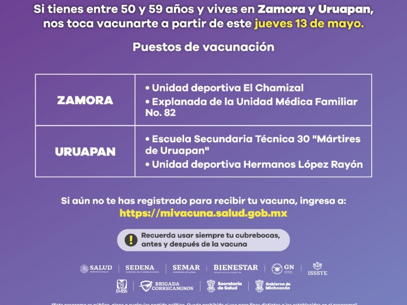 Iniciará vacunación en Zamora para personas de 50-59 años