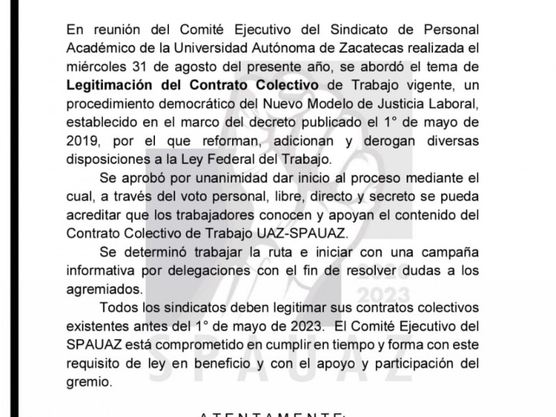 Iniciarán legitimación del Contrato Colectivo de Trabajo UAZ-SPAUAZ