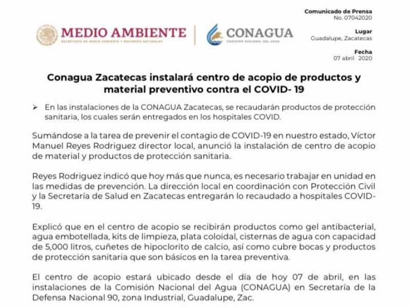 Instalaciones de Conagua se convierten en centro de acopio