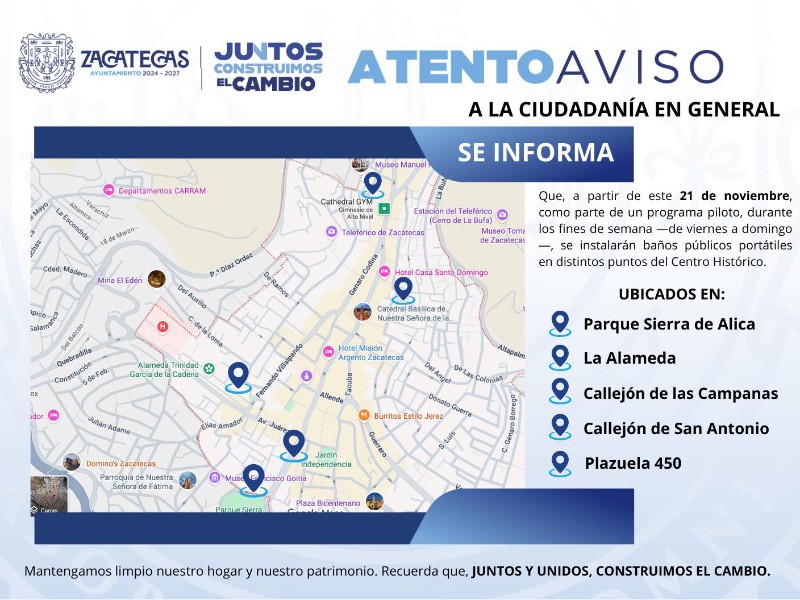 Instalan baños públicos portátiles en cinco puntos del Centro Histórico