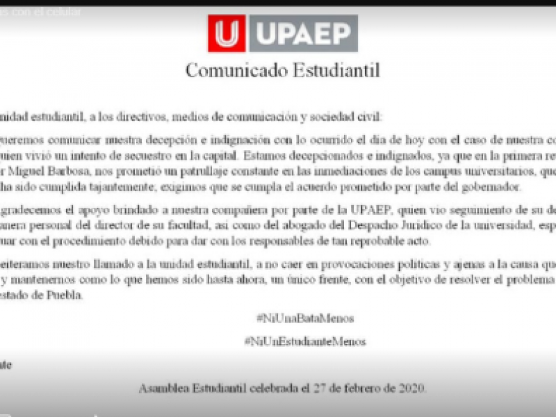 Intentan secuestrar a estudiante de UPAEP