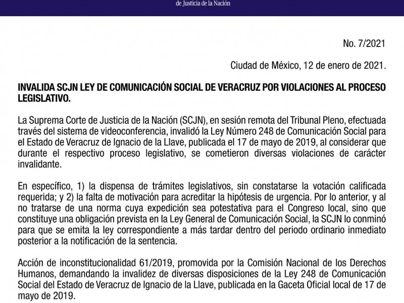 Invalida SCJN Ley de Comunicación Social de Veracruz