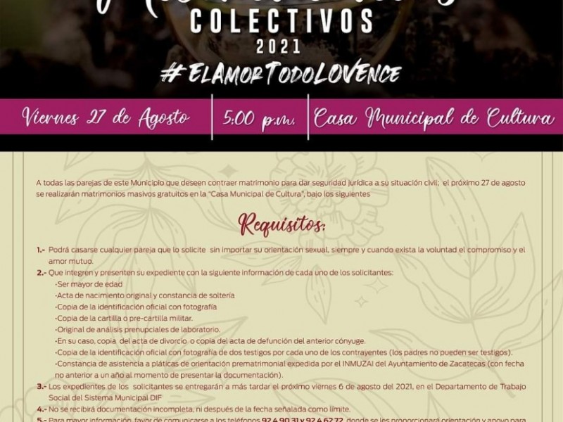 Invitan a ceremonia de matrimonios colectivos