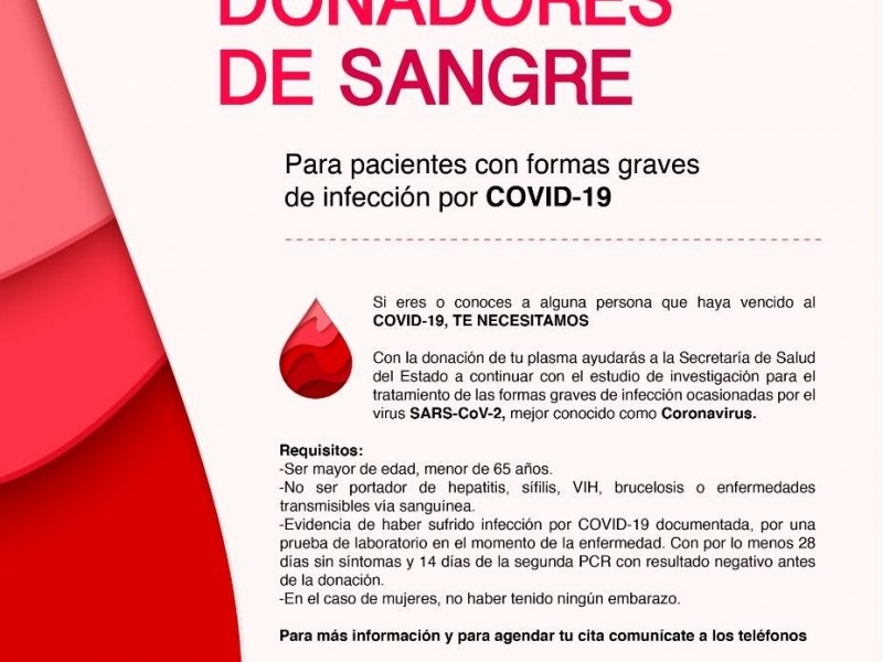 Invitan a donación de plasma para pacientes Covid