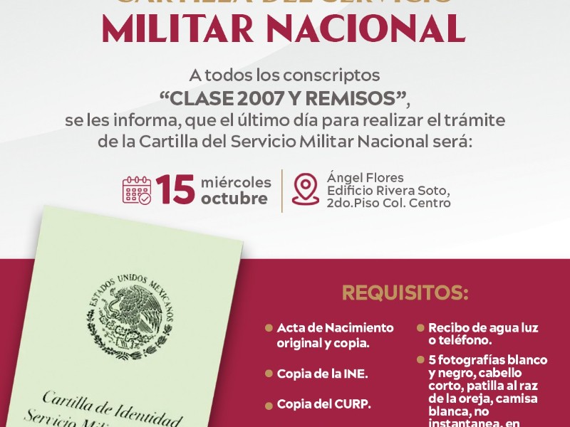 Invitan a la clase 2007 a Tramitar la Cartilla del Servicio Militar
