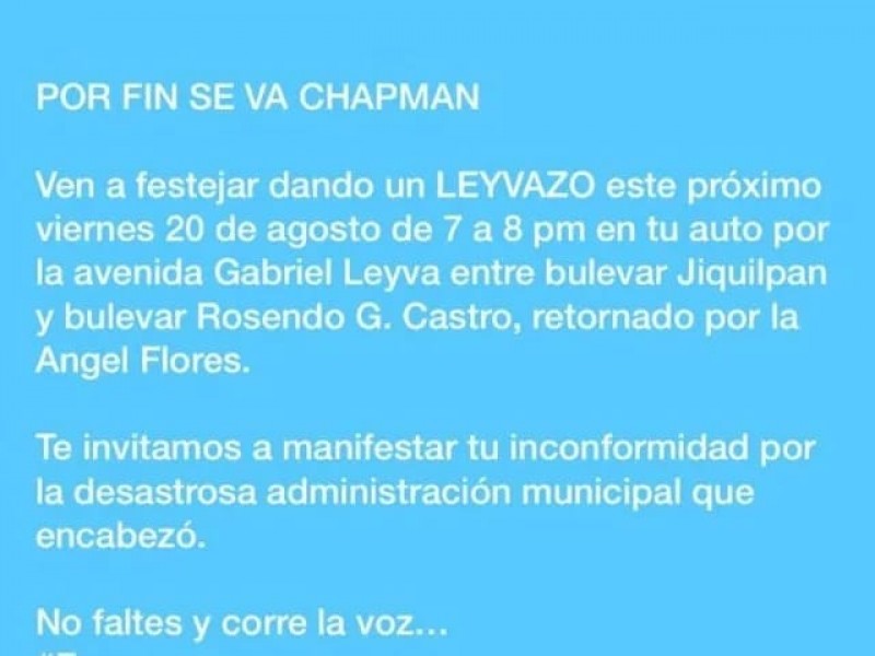Invitan a Leyvazo para festejar salida de Chapman Moreno