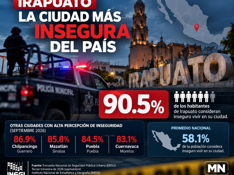 Irapuato encabeza percepción nacional de inseguridad; nueve de cada diez habitantes temen