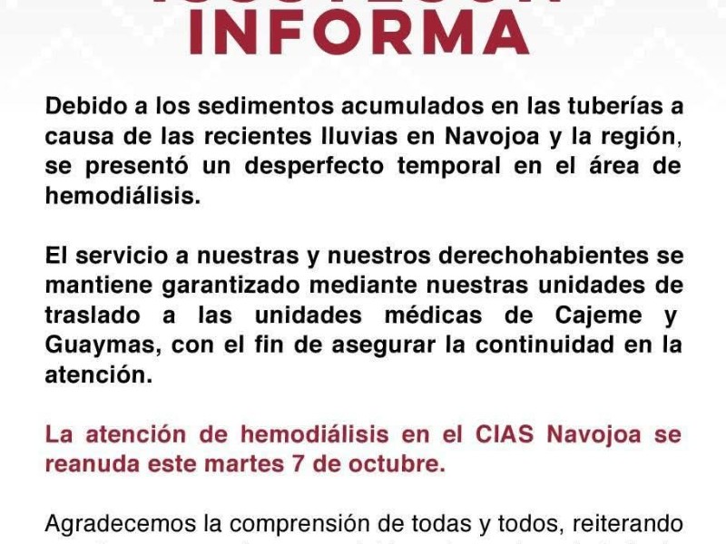ISSTESON reanuda servicio de hemodiálisis tras manifestación