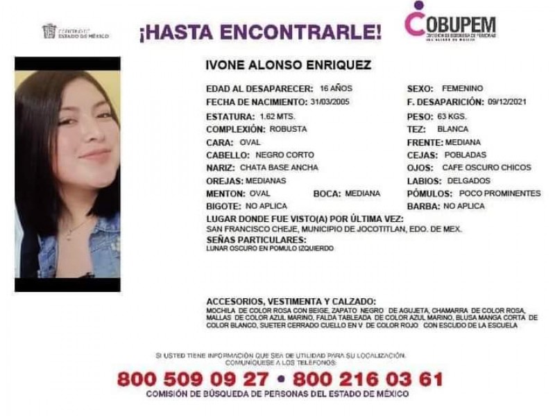 Ivone a casi un mes desaparecida en Jocotitlán