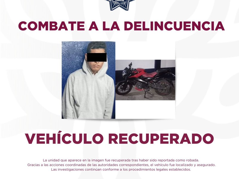 Joven es detenido a bordo de unidad robada