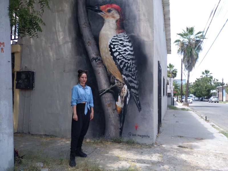 Joven pinta mural de un pájaro carpintero