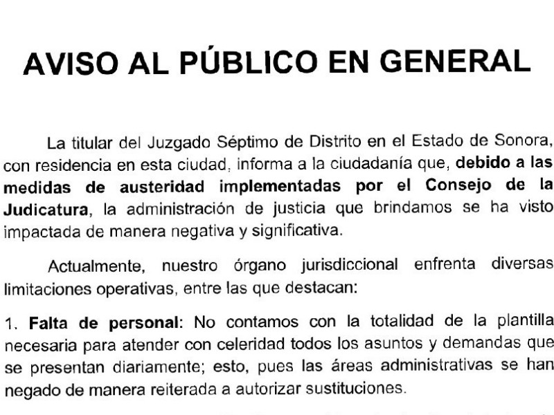 Jueza de Obregón denuncia crisis operativa en juzgado federal