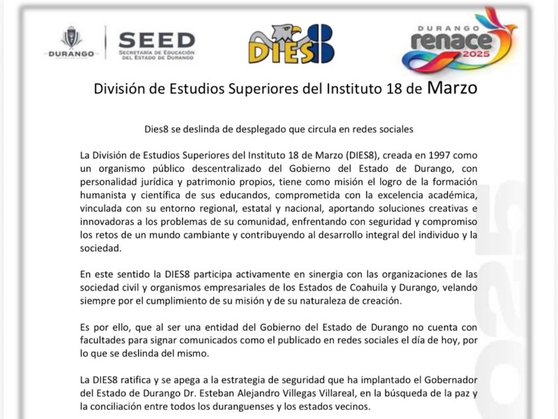 La DIES8 se deslinda de comunicado emitido por cámaras empresariales
