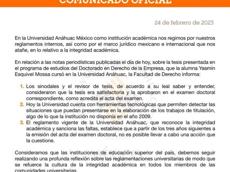 La tesis de Yasmín Esquivel fue aprobada dice la: Anáhuac