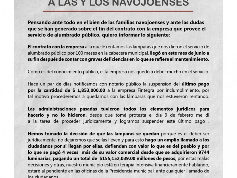 Lamarque apoya que Navojoa se quede con las luminarias