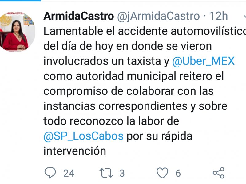 Lamenta alcaldesa accidente entre Uber y taxi