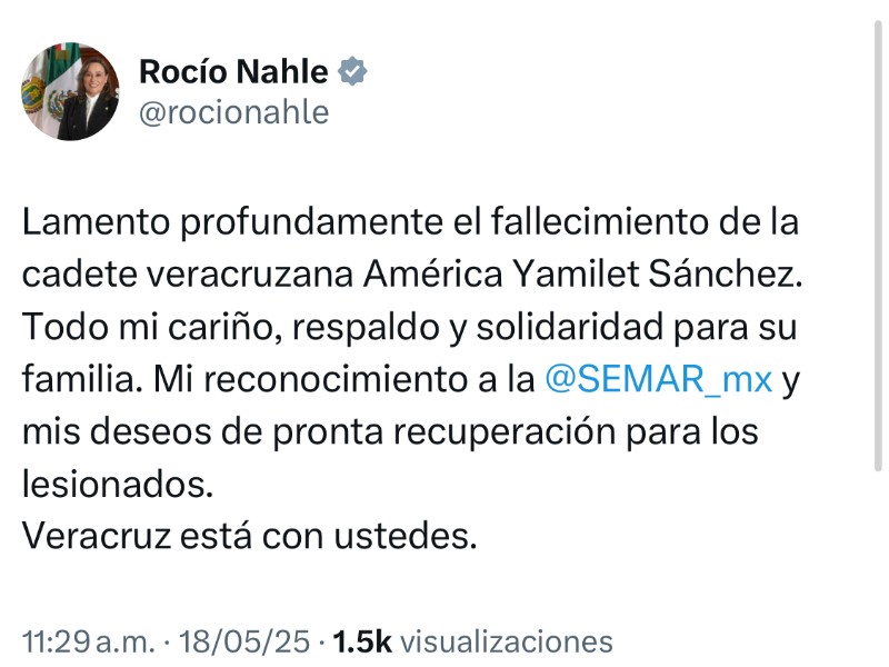 Lamenta Gobernadora de Veracruz muerte de cadete xalapeña