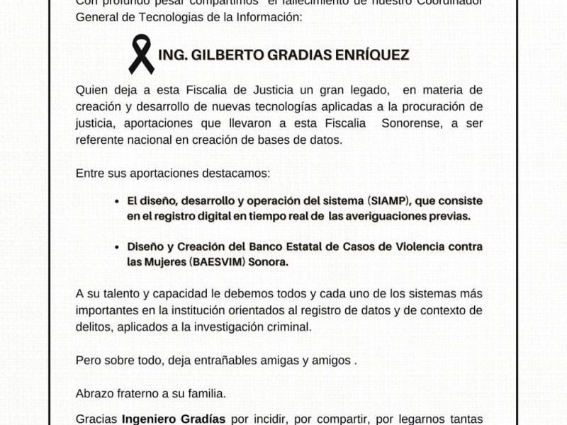 Lamentan fallecimiento de Gilberto Gradias de la FGJE