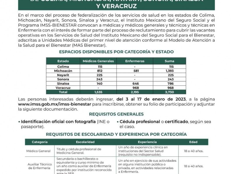 Lanzan convocatoria a personal médico para laborar en IMSS-Bienestar