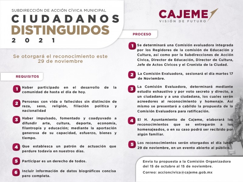 Lanzan convocatoria para ciudadano distinguido