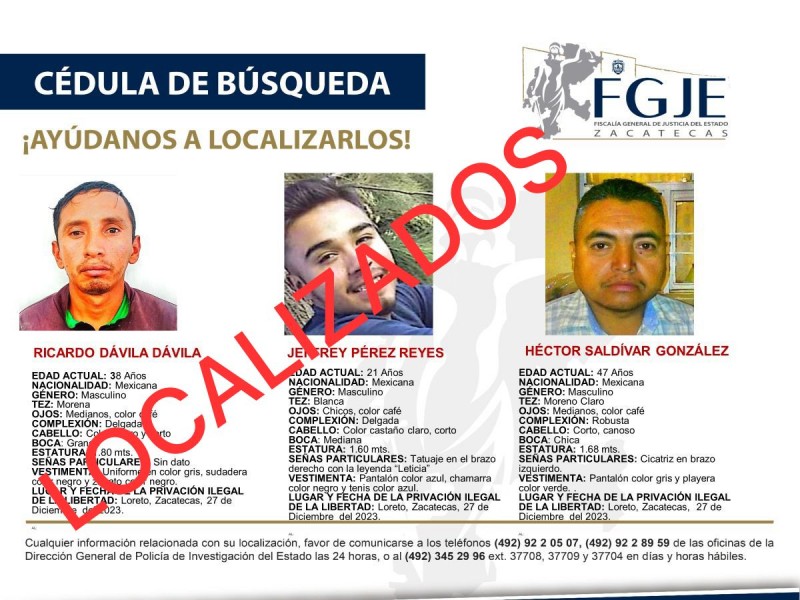 Liberan a 5 secuestrados desaparecidos el miércoles en Loreto, Zacatecas