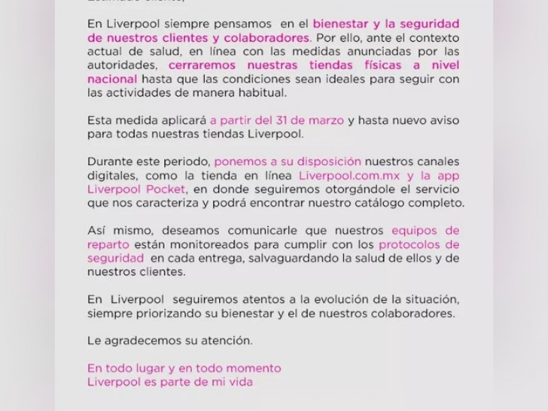 Liverpool anuncia cierre temporal de sus tiendas