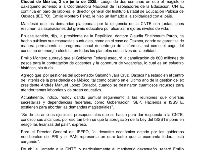 Llama el IEEPO al magisterio a la solidaridad