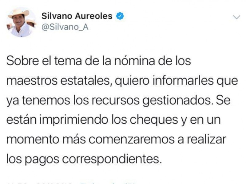 Llega recursos para el pago de docentes estatales