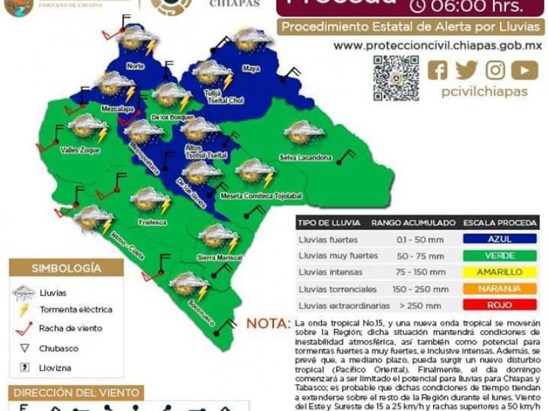 Lluvias de fuertes a muy fuertes para Chiapas