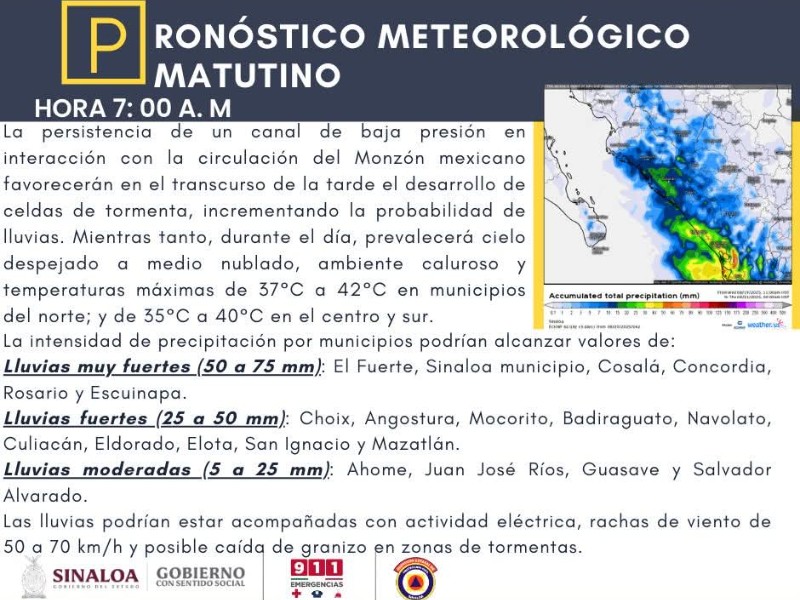 Lluvias fuertes se esperan este miércoles en Mazatlán