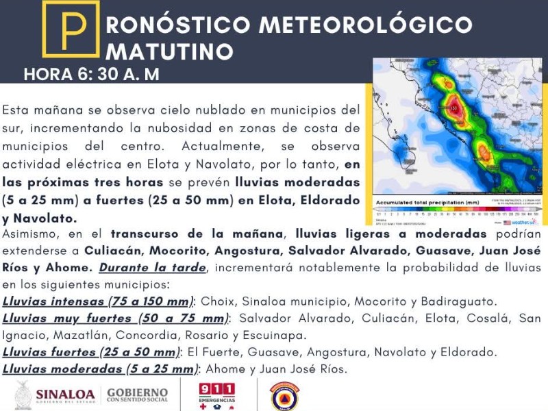 Lluvias Intensas pronosticadas este jueves para Mazatlán