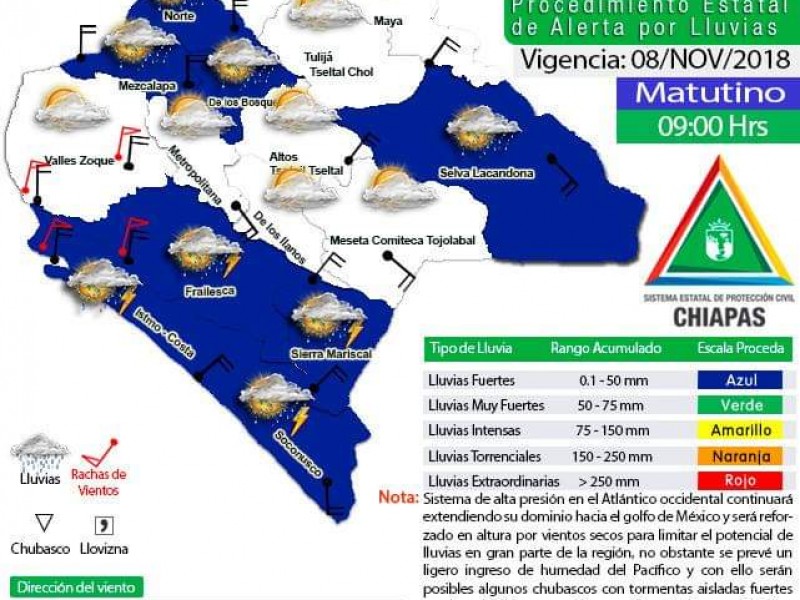 Lluvias ligeras para algunas regiones de Chiapas